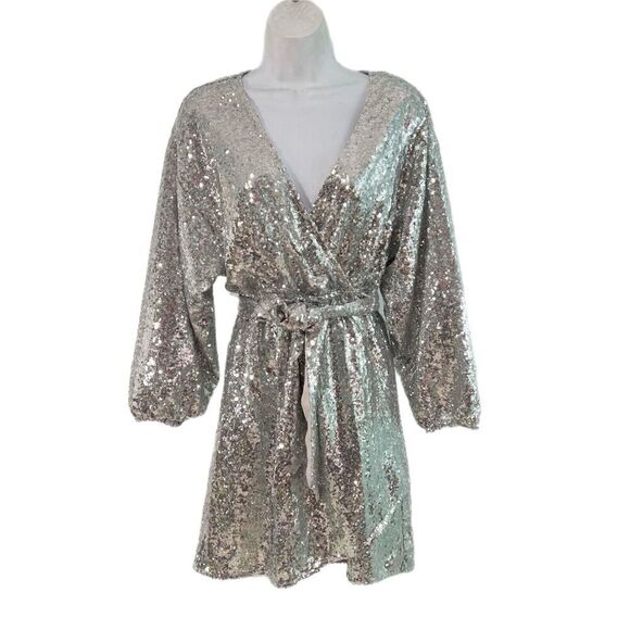 Anthropologie Lisabette Sequined Wrap Mini Dress XS Silver Belt V-neck Pullover